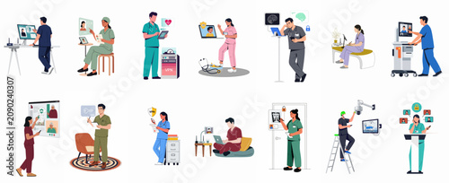 Vector illustration set featuring medical professionals using secure technology, VPNs, and digital health tools for protected patient care and data privacy in healthcare.
