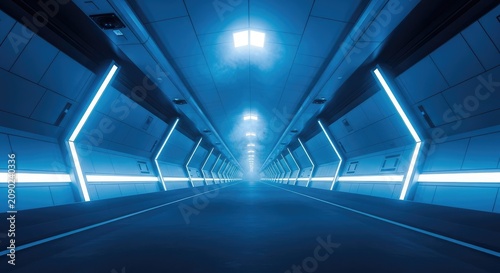 A futuristic tunnel stretches out into the distance with blue lights illuminating the walls and ceiling.