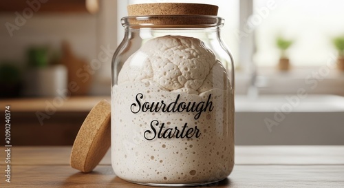 Sourdough starter in a glass jar on a wooden kitchen counter with a blurred background.