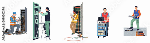 Vector illustrations of professional technicians installing, managing, and maintaining server racks, network cables, and hardware infrastructure in a modern data center environment.