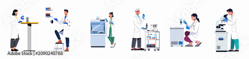 Billede på lærred Diverse set of professional scientists and technicians conducting various research experiments using modern laboratory equipment in a clean clinical environment
