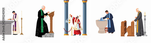 Set of flat vector characters depicting Catholic priests performing religious sacraments and services like mass, baptism, scripture reading, and prayer in a church.