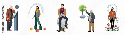 Flat Vector Illustration Set of Diverse People Interacting with Artificial Intelligence, Advanced Technology, Logic, and Creative Concepts
