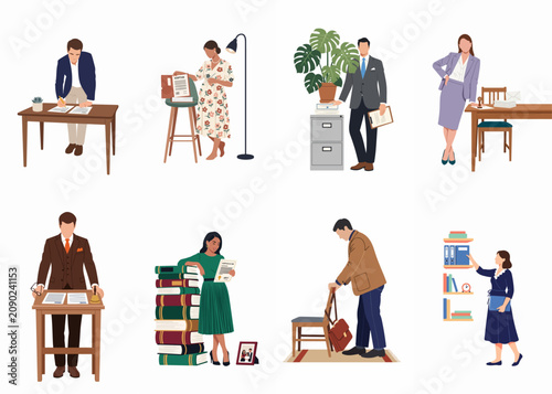 Flat design vector illustration set of diverse legal and business professionals working with documents, books, and office equipment in various workplace scenes.