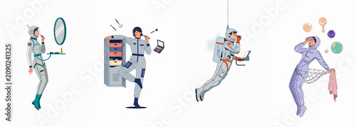 Schilderij op canvas Vector illustration collection of female astronauts applying makeup and skincare in zero gravity space environments, showcasing futuristic beauty routines and cosmic lifestyles