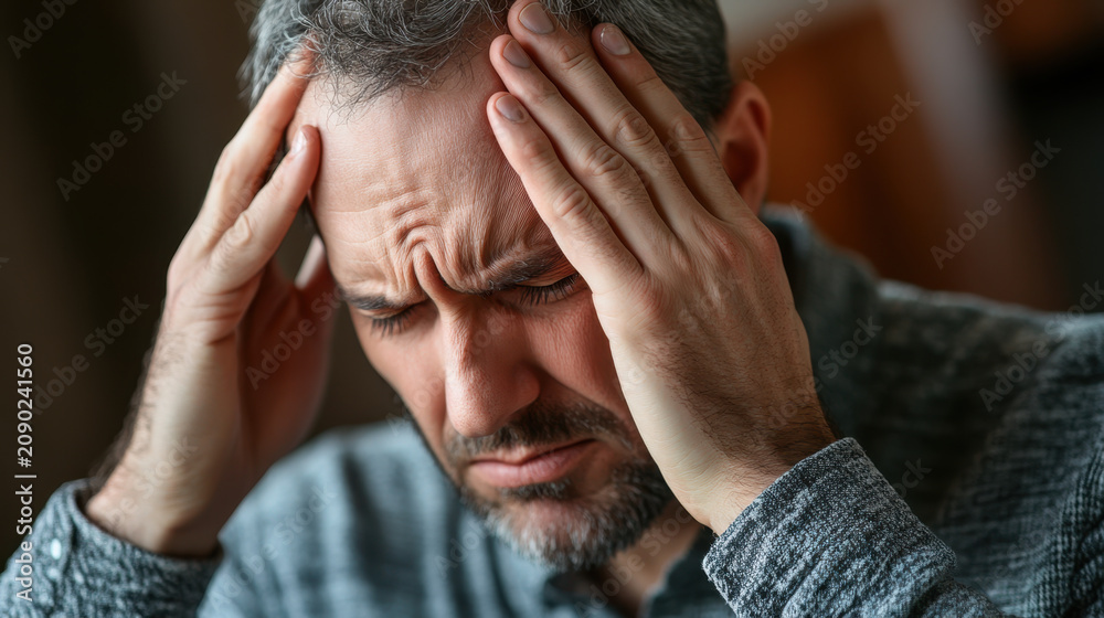 Fototapeta premium Sharp pain. Concentrated brunette keeping eyes closed and bowing head while having headache