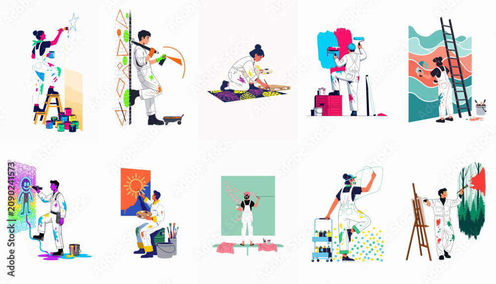 Naklejka premium Set of diverse artists and painters in white overalls creating murals, paintings and designs in various styles and environments.