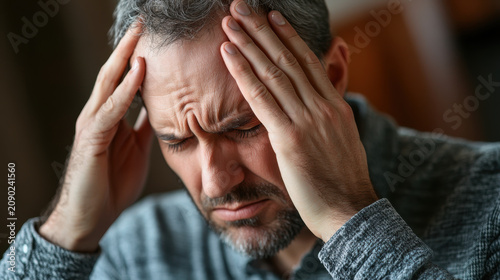 Sharp pain. Concentrated brunette keeping eyes closed and bowing head while having headache