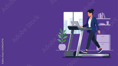 Woman working on laptop while walking on treadmill in modern office