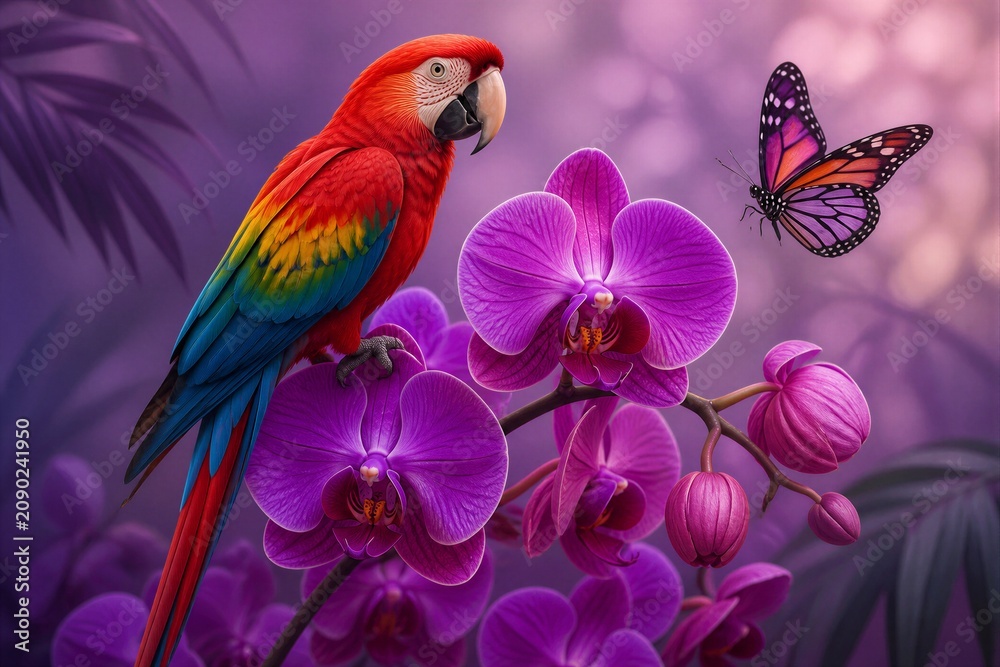Fototapeta premium A parrot with red, blue, and green feathers perches on purple orchid flowers. A butterfly flutters nearby in a garden filled with plants and vibrant colors.