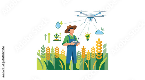 Smart farmer operating autonomous agricultural drone for precision crop monitoring in wheat field flat vector illustration.