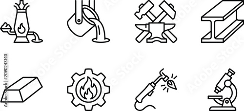 Bild auf Leinwand Metallurgy and Heavy Industry Line Icon Set with Blast Furnace Smelting Anvil We