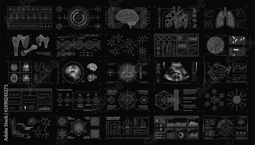 Healthcare diagnostic technology interface and biological data visualization elements with healthcare diagnostic technology interface biological visualization monitoring biometric research