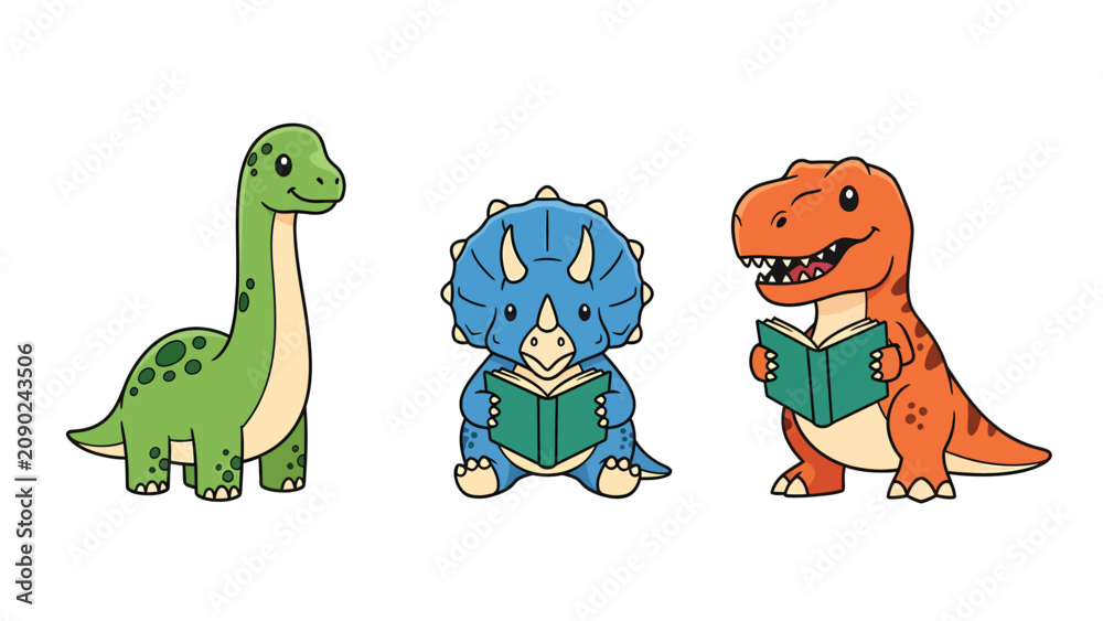 Naklejka premium Three cute cartoon dinosaurs reading books, a green brachiosaurus, a blue triceratops, and an orange tyrannosaurus rex.