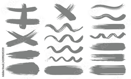 Collection of rough grey grunge paint brush strokes wavy lines and cross stains vector illustration background