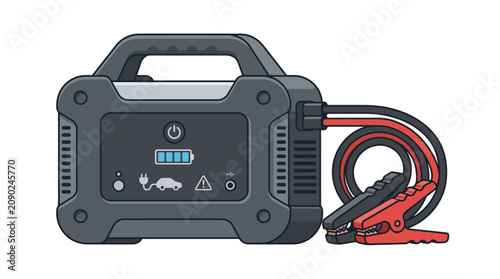 Portable car battery jumper starter with cables and clamps vector