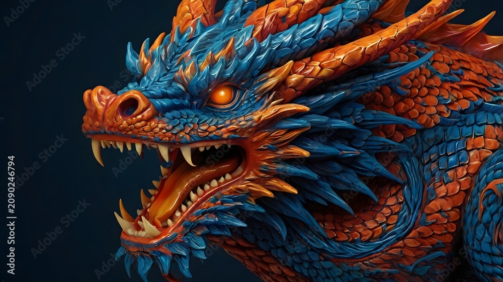 Fototapeta premium Vibrant Blue and Orange Dragon Head