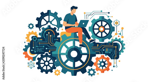 IT professional working on laptop while sitting on giant mechanical gears for system optimization flat design vector illustration