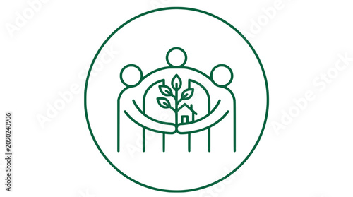Schilderij op canvas Community Care for Green Future: People Hugging Tree and House Icon