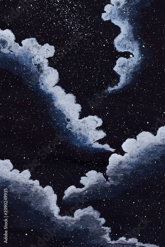 acrylic painting of soft white clouds drift across a dark nighttime sky. Illustration of curving moonlit clouds in a dramatic painterly style stretch through the quiet night atmosphere.