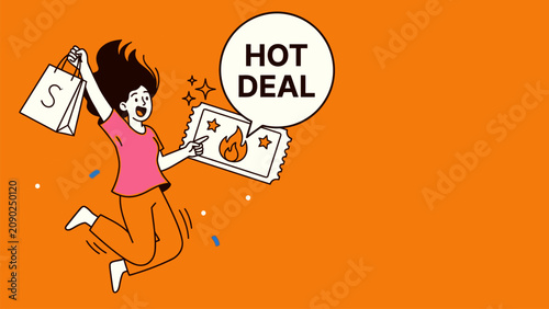 Excited shopper celebrates a hot deal with shopping bag and ticket For E-commerce Promotional Banner Illustration