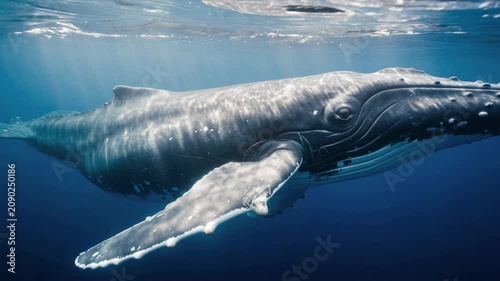 Close up of a majestic humpback whale swimming underwater in clear blue ocean water