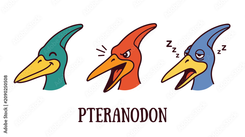 Obraz premium Collection of diverse pteranodon head illustrations showcasing different emotions such as joy, anger, and weariness, perfect for educational content or children's designs
