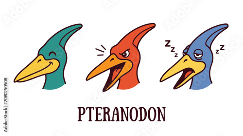 Collection of diverse pteranodon head illustrations showcasing different emotions such as joy, anger, and weariness, perfect for educational content or children's designs