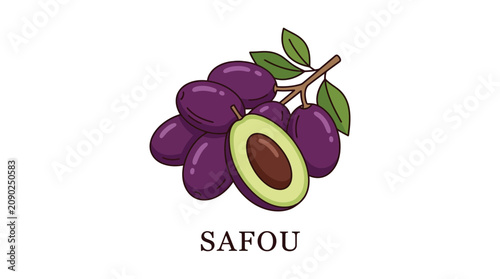 Vibrant Purple Safou Fruits with Green Leaves and a Halved Specimen Displaying the Seed, a Tropical African Delicacy Illustration