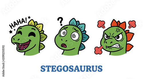 Dynamic collection of three adorable cartoon stegosaurus dinosaur faces, illustrating emotions like cheerful laughter, bewildered confusion, and fiery anger, perfect for playful designs