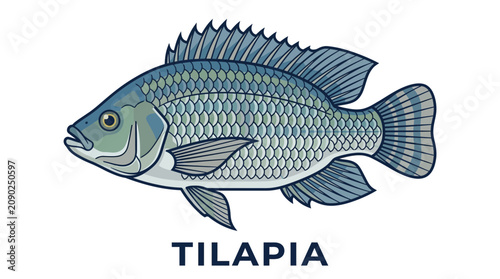 Tilapia fish, Stylized vector graphic depicting a common freshwater food fish with detailed scales and fins, ideal for culinary, aquaculture, or aquatic ecosystem projects and educational design