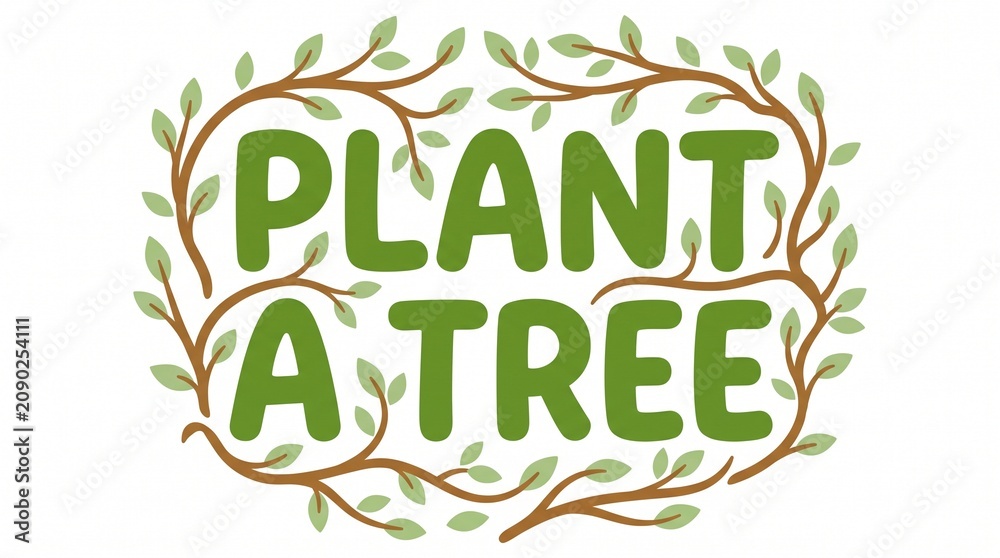 Fototapeta premium Plant a Tree environmental message, green typography with organic leaf border, eco-friendly conservation concept for sustainability and arbor day