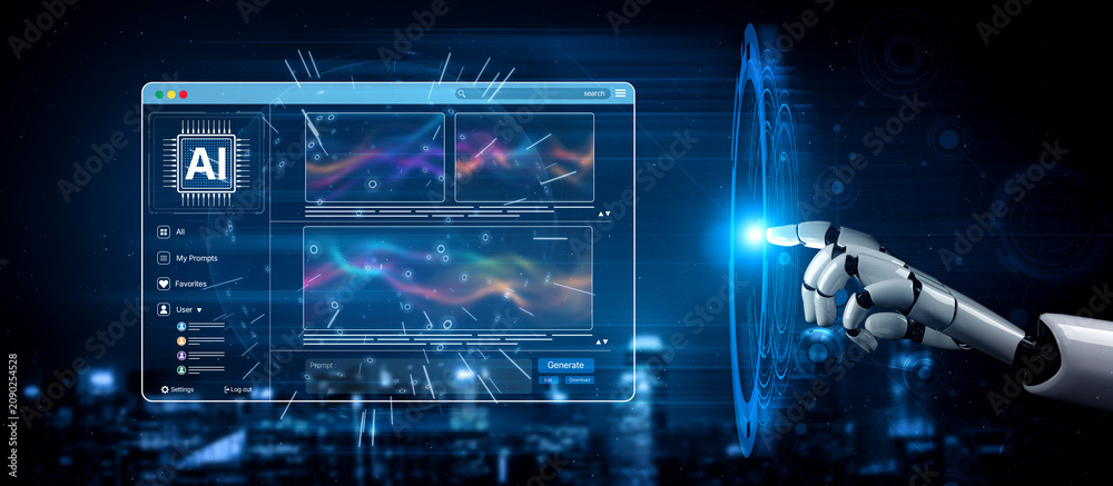 Obraz premium AI generates dynamic art through an interactive platform, displaying AI-generated images in a smart gallery using generative engines and automated design tools. Artificial intelligence spline