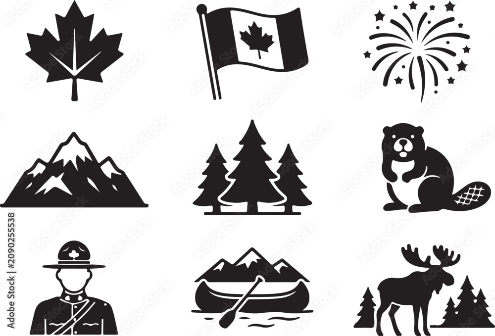 Fototapeta premium Canada Symbols Icon Set Featuring Wildlife and Nature Landscapes in Black Silhouette Style