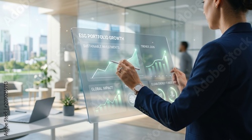 Businesswoman analyzing ESG portfolio growth and sustainable investment trends on futuristic transparent screen, financial data visualization