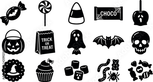 Fotografía Halloween candy trick or treat silhouette bundle set collection on white backgro