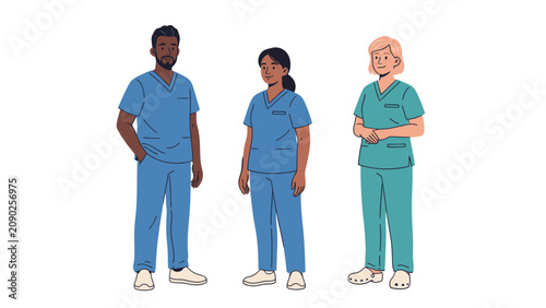 Diverse group of three medical professionals wearing blue scrubs, standing together and looking forward.