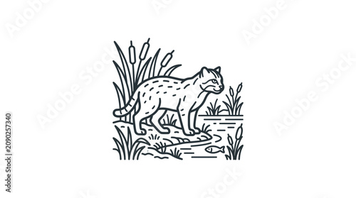 Minimalist Black and White Line Drawing of a Wild Cat Crouching Near Water with Fish and Tall Grass