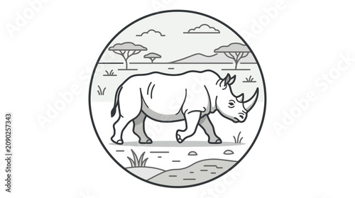 Minimalist Black and White Line Drawing of a Rhino in a Savanna Landscape Inside a Circular Frame