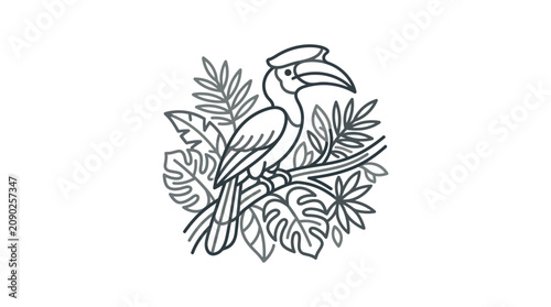 Minimalist Black and White Line Drawing of a Toucan Perched on Tropical Leaves and Flowers with high quality professional line art symbols for modern creative design and digital branding projects