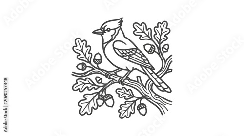 Minimalist Black and White Line Drawing of Bird Perched on Branch with Acorns and Oak Leaves Simple Nature