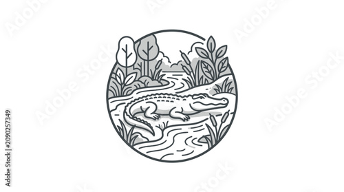 Minimalist Black and White Line Drawing of Alligator in a Circular Nature Scene with Trees and Water