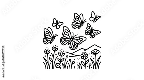 Minimalist Black and White Line Drawing of Butterflies and Flowers with Simple Elements with high quality professional line art symbols for modern creative design and digital branding projects
