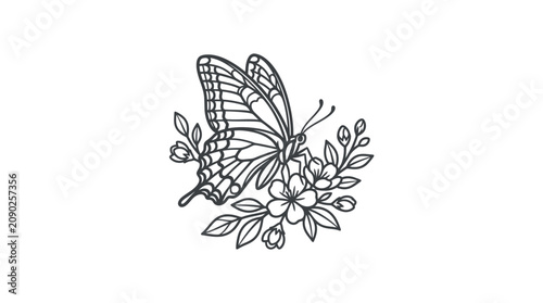Minimalist Black and White Line Drawing of Butterfly Perched on Floral Branch with Leaves Elegant
