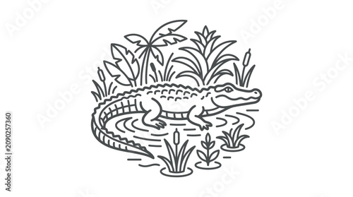 Minimalist Black and White Line Drawing of Alligator in Swamp Vegetation with Water Ripples with high quality professional line art symbols for modern creative design and digital branding projects