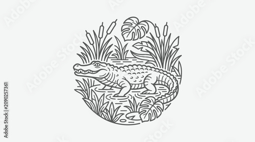 Minimalist Black and White Line Drawing of Alligator in Marshy Wetland Surrounded by Aquatic Plants