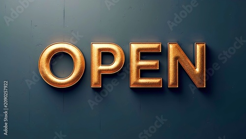 Artwork showing large metallic gold three-dimensional OPEN text illuminated with shiny textured highlights against dark blue background elegant composition
