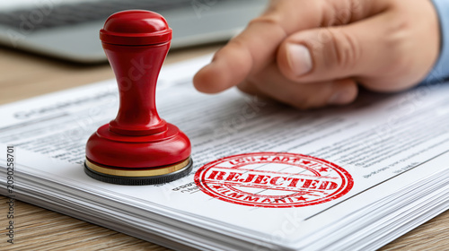 Rejected stamp on document with red rubber stamp and hand pointing, symbolizing refusal or denial of approval