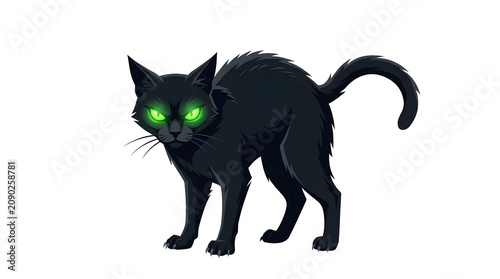 Black cat, cartoon illustration, green eyes, Halloween symbol, animal design