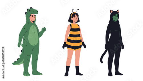 Three children dressed in Halloween costumes: a dinosaur, a bee, and a black cat, standing against a white background.